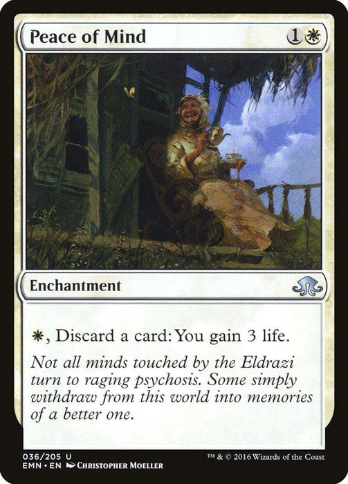 A Magic: The Gathering card titled "Peace of Mind [Eldritch Moon]." It costs 1 white and 1 generic mana to cast. This Uncommon Enchantment from Eldritch Moon has the ability: "White, Discard a card: You gain 3 life." The illustration depicts a woman knitting on the porch of a house with greenery and warmth, looking serene.