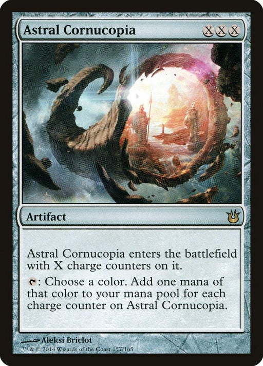 The image shows the Magic: The Gathering product Astral Cornucopia [Born of the Gods], an Artifact from the Born of the Gods set. It features a circular, abstract, cosmic portal with energy swirling around it. Two figures stand in the center, seemingly engaged in some mystical activity. The card text describes its effects and abilities.