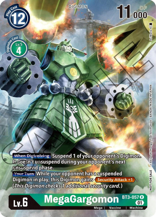 A Digimon card from the Release Special Booster Promos series depicts MegaGargomon [BT3-057] (Tamer's Card Set 1) [Release Special Booster Promos], a rare mechanical-themed Digimon with green and white armor, large mechanical arms, and a robust frame. The card contains stats including a play cost of 12, level 6, 11,000 DP, and Digivolve requirements. Text descriptions explain its abilities and effects in battle.