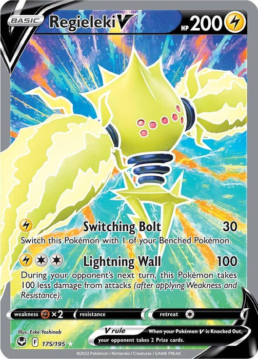 A Regieleki V (175/195) [Sword & Shield: Silver Tempest] card with 200 HP from the Pokémon set. This Ultra Rare card features Regieleki, an electric-type Pokémon, against a colorful, electric-themed background. It has two attacks: Switching Bolt (30 damage) and Lightning Wall (100 damage). Illustrated by Eske Yoshinob, it is numbered 175/195.