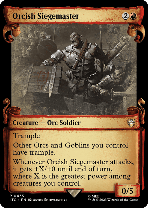 A Magic: The Gathering card titled "Orcish Siegemaster [The Lord of the Rings: Tales of Middle-Earth Commander Showcase Scrolls]." The card's mana cost is 2 mountains and 1 generic. Featuring an orc soldier akin to those in *The Lord of the Rings*, it has 0 attack and 5 defense. Abilities: Trample; other Orcs and Goblins gain trample; +X/+0 boost when attacking.