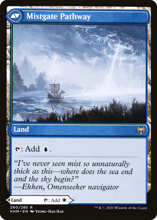 A rare Magic: The Gathering card titled "Hengegate Pathway // Mistgate Pathway [Secret Lair: From Cute to Brute]." The artwork depicts a serene landscape with a ship emerging from a dense fog, sailing towards a rocky shore under an ominous, turbulent sky. This Secret Lair land can be tapped for blue or white mana.