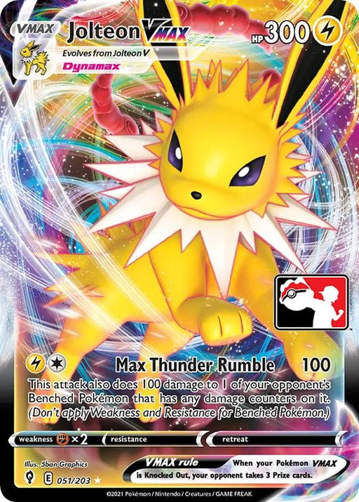 A Pokémon trading card featuring Jolteon VMAX (051/203) [Prize Pack Series One] from Pokémon. Jolteon, a yellow, spiky-furred creature with large ears and a white mane, boasts "HP 300." It wields "Max Thunder Rumble," dealing 100 damage. The colorful background swirls behind game-related details.