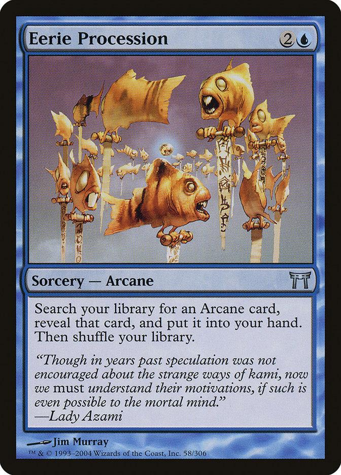 The "Eerie Procession [Champions of Kamigawa]" card from Magic: The Gathering depicts floating masks with exaggerated expressions, appearing to march through the sky. As a Sorcery - Arcane, it allows you to search your library for an Arcane card. Its flavor text explores the motivations of the Kami.