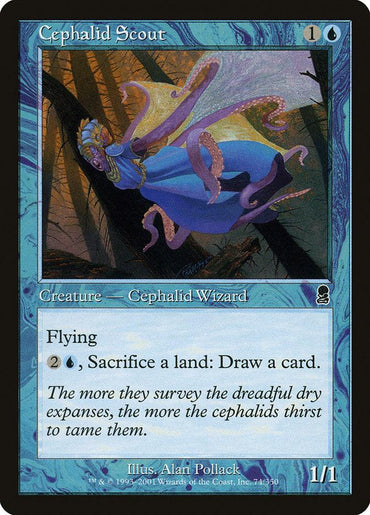 The "Cephalid Scout [Odyssey]" card from Magic: The Gathering features an octopus-like creature in a blue robe, gliding through its dark underwater world. With a blue border, it highlights its power as a Cephalid Wizard and includes the ability to draw a card seamlessly.