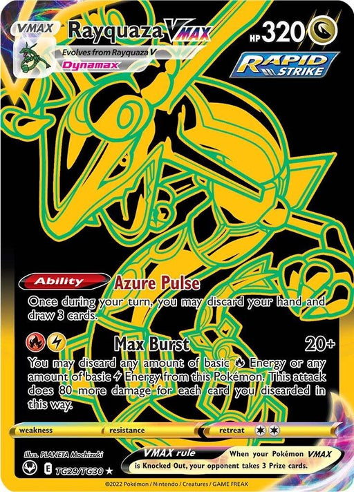 A Rayquaza VMAX (TG29/TG30) [Sword & Shield: Silver Tempest] Pokémon card from the Rapid Strike series. This Secret Rare features a dynamic illustration of Rayquaza with glowing highlights against a black background. It has 320 HP and the moves Azure Pulse and Max Burst, along with associated energy and damage details. Numbered TG29/TG30.