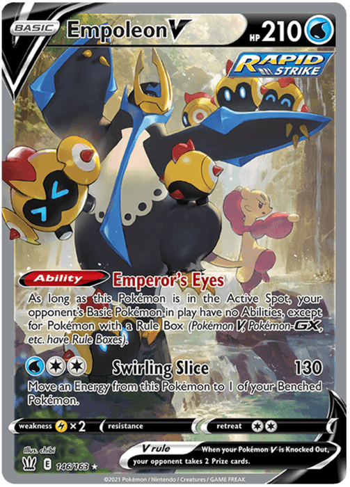 A Pokémon trading card from the Battle Styles set features Empoleon V (146/163) [Sword & Shield: Battle Styles] with 210 HP and identified as a Rapid Strike. This Ultra Rare card showcases abilities like "Emperor's Eyes" and the move "Swirling Slice" with 130 damage. The vibrant design highlights Empoleon, surrounded by colorful details, with text and stats in corners.