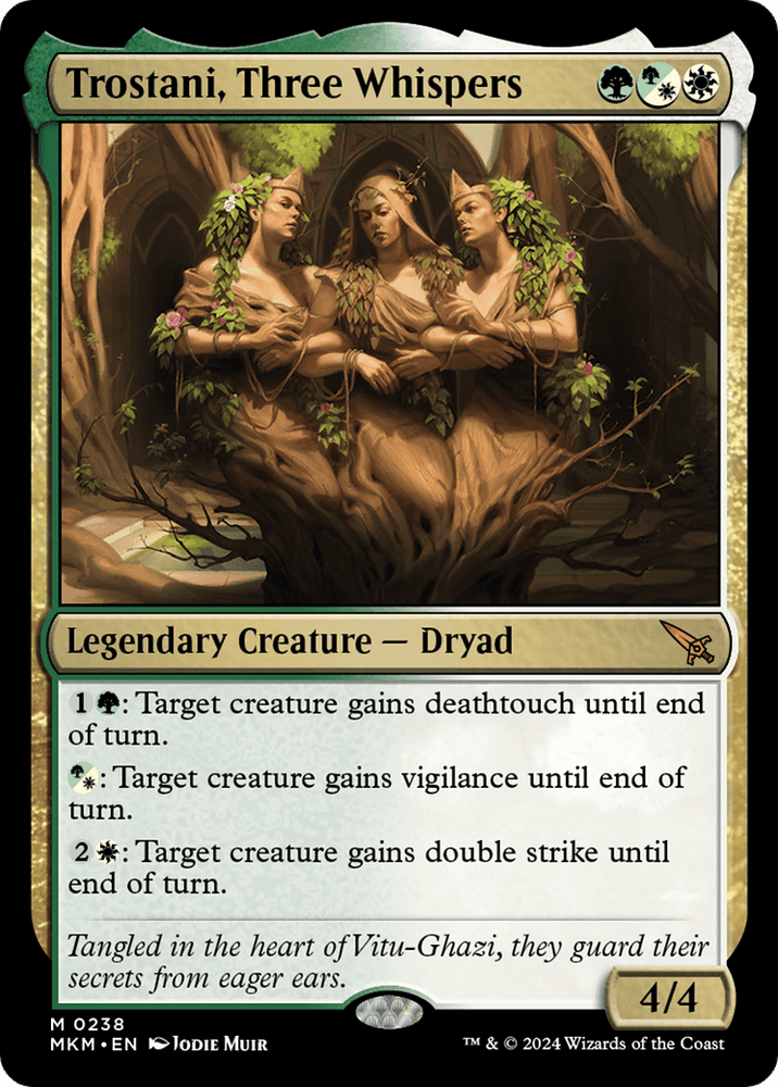 The image shows a Magic: The Gathering card titled "Trostani, Three Whispers [Murders at Karlov Manor]," a mythic legendary creature dryad with a power/toughness of 4/4. The card features three interconnected dryads in a forest, reminiscent of the eerie atmosphere from Murders at Karlov Manor. The card's abilities and flavor text are detailed at the bottom.