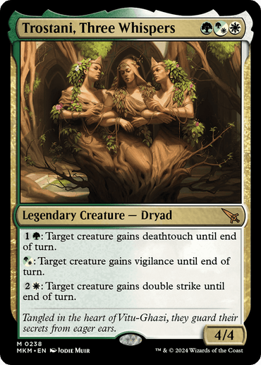 The image shows a Magic: The Gathering card titled "Trostani, Three Whispers [Murders at Karlov Manor]," a mythic legendary creature dryad with a power/toughness of 4/4. The card features three interconnected dryads in a forest, reminiscent of the eerie atmosphere from Murders at Karlov Manor. The card's abilities and flavor text are detailed at the bottom.