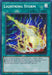 A Prismatic Secret Rare "Yu-Gi-Oh!" trading card titled "Lightning Storm [MP22-EN253] Prismatic Secret Rare" from the 2022 Tin of the Pharaoh's Gods. It's a Spell Card featuring vibrant artwork of an electric storm with yellow and blue lightning bolts. The card effect allows the player to activate one of three possible effects if they control no face-up cards.