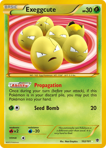 A Pokémon trading card featuring Exeggcute (102/101) [Black & White: Plasma Blast] from the Pokémon series. The card details Exeggcute, a yellow Pokémon depicted as a group of six eggs, some cracked with faces showing various expressions. It has 30 HP, an ability called Propagation, and a move called Seed Bomb. Type is Grass with a green border—Secret Rare.