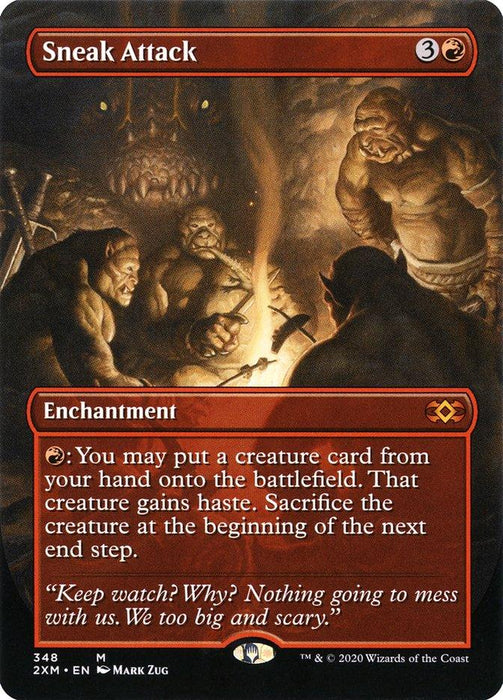 The image is of the "Sneak Attack (Toppers)" Magic: The Gathering card from Double Masters. It features an eerie scene with goblins around a campfire and a giant ogre emerging from the woods in the background. This mythic enchantment's text and abilities are described in a red box at the bottom half. The card was illustrated by Mark Zug.