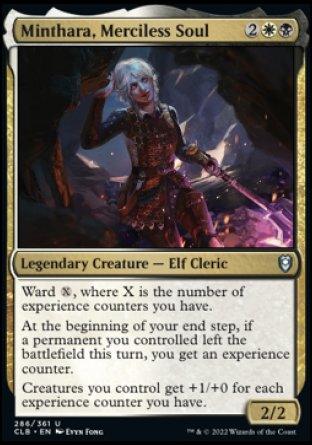 A Magic: The Gathering product titled "Minthara, Merciless Soul [Commander Legends: Battle for Baldur's Gate]" from Magic: The Gathering. It features a silver-haired Elf Cleric against a dark background. The card includes Ward cost, an end step ability granting experience counters, and boosts creatures' power/toughness based on those counters. It's rated 2/2.
