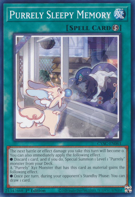 An illustrated Yu-Gi-Oh! trading card titled "Purrely Sleepy Memory [CYAC-EN061] Common." The Quick-Play Spell card depicts two small, magical Purrely monsters near a frosted window at night. One creature is inside, stretching, while the other is outside, looking in longingly as snow falls. The border is blue, indicating it is a Spell Card accessible via Cyberstorm Access.