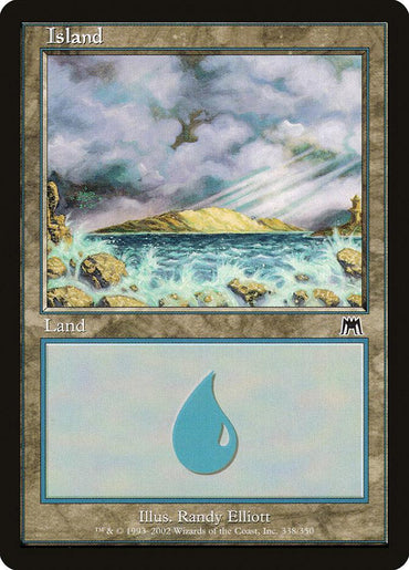 The Magic: The Gathering card "Island (338) [Onslaught]" features artwork by Randy Elliott that depicts a lush island surrounded by turbulent water under a stormy sky with light rays breaking through. This Basic Land card, adorned with a blue water droplet symbol for mana, has a dark border.