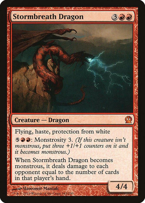 Stormbreath Dragon [Theros], a mythic Magic: The Gathering card from Theros, has a red border and showcases a dragon flying amid lightning. It costs 3RR mana and is a 4/4 creature with flying, haste, and protection from white. For 5RR mana, it can become monstrous. Artwork by Slawomir Maniak, ©2013.