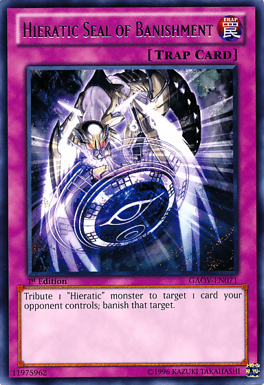 A Yu-Gi-Oh! Trap Card titled "Hieratic Seal of Banishment [GAOV-EN071] Rare." The Normal Trap card features an intricate, glowing circular seal with ancient symbols, emitting bright light. Above the seal, a dragon-like creature with metallic armor is depicted, holding an orb. Part of the Galactic Overlord set.