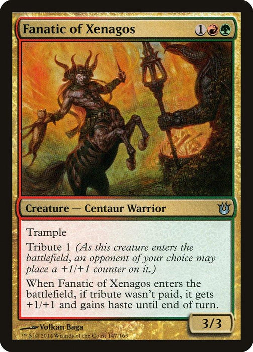 A Magic: The Gathering card titled "Fanatic of Xenagos [Born of the Gods]." The card is framed with a red and green border, indicating a multicolored design. The artwork depicts a centaur warrior mid-jump, armored and wielding a spear in a fiery forest. Its abilities include Trample and Tribute 1.