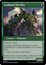 A Magic: The Gathering card titled "Invasion of Zendikar // Awakened Skyclave [March of the Machine]" with green borders. It depicts an elemental creature made of twisted roots and rocks with glowing green and blue energy. The card, part of the Invasion of Zendikar series, has stats "4/4" and abilities including vigilance, haste, and mana generation. The artist is Diego Gisbert.