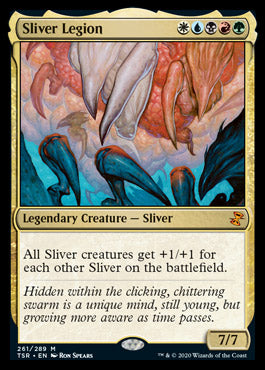 The image showcases a Magic: The Gathering Sliver Legion [Time Spiral Remastered] card. This legendary creature card features a multicolored border and depicts multiple Sliver creatures with claw-like appendages. The card text reads, "All Sliver creatures get +1/+1 for each other Sliver on the battlefield.