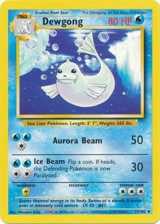A Pokémon trading card for Dewgong (25/102) [Base Set Unlimited]. The card shows an image of Dewgong, a white sea lion Pokémon, swimming underwater with sparkling lights around it. This Uncommon, Base Set Unlimited card details its HP as 80 and lists two Water moves: Aurora Beam (50) and Ice Beam (30). The card number is 25/102 and it is a Stage 1 Pokémon.