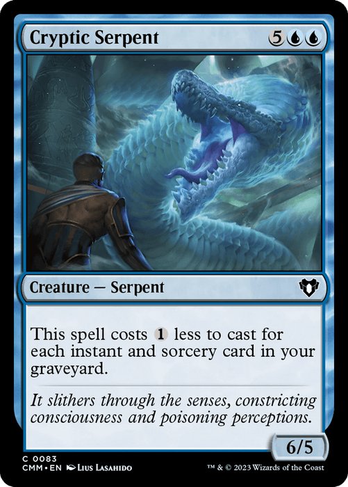A Magic: The Gathering card titled "Cryptic Serpent [Commander Masters]," part of the Commander Masters set. This common card depicts a large, translucent blue serpent with glowing eyes, coiled menacingly. Its flavor text reads, "It slithers through the senses, constricting consciousness and poisoning perceptions." The 6/5 creature costs five generic mana and two blue mana but has an ability.