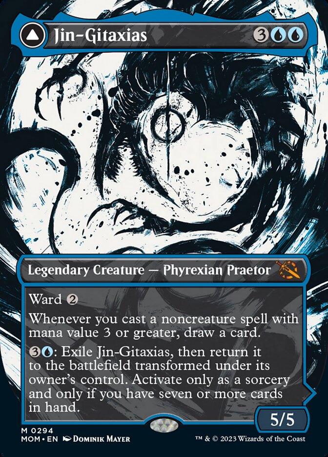 A Magic: The Gathering card titled "Jin-Gitaxias // The Great Synthesis (Showcase Planar Booster Fun) [March of the Machine]." The card features an abstract, black and white illustration of a creature's face with a mechanical eye and dark tentacles. This Mythic Rarity Legendary Creature is a Phyrexian Praetor with a mana cost of 3 blue mana and 2 colorless mana, boasting stats of 5/5. The card