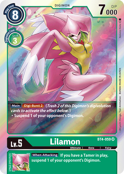 A Super Rare Digimon trading card from the Great Legend series features Lilamon [BT4-059], a pink humanoid Digimon with green and yellow accents. The card displays her stats: Level 5, cost 8, and 7000 DP. It details her 