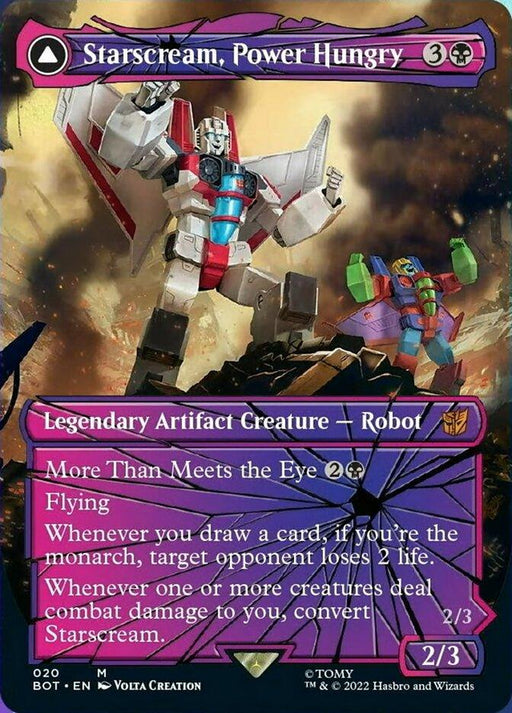 A trading card featuring "Starscream, Power Hungry // Starscream, Seeker Leader (Shattered Glass) [Transformers]," a Legendary Artifact Creature - Robot from Magic: The Gathering. Its abilities include flying, card drawing, and converting upon damage. The card showcases artwork of Starscream, a robot with red, white, and blue armor, standing in a dynamic pose.