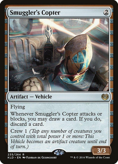 A Magic: The Gathering card from Kaladesh, "Smuggler's Copter [Kaladesh]," is an Artifact Vehicle with a casting cost of 2 colorless mana. It has 3 power and 3 toughness, features flying, and its abilities include drawing and discarding a card when it attacks or blocks, with a Crew requirement of 1.