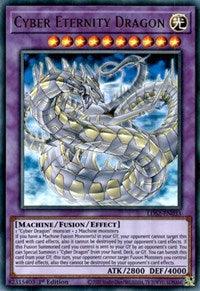 A Yu-Gi-Oh! card features a mechanical dragon named "Cyber Eternity Dragon [LDS2-EN033] Ultra Rare," an 8-star Fusion/Effect Monster. The dragon has a metallic serpentine form with a glowing yellow eye and appears against a blue, icy background. From the Legendary Duelists: Season 2 set, it boasts ATTACK 2800 and DEFENSE 4000.