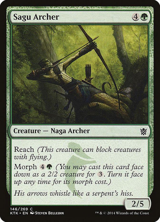 A Magic: The Gathering card titled "Sagu Archer [Khans of Tarkir]," from the Khans of Tarkir set, depicts a Naga Archer in a dense forest, with a drawn bow and determined stance. With a mana cost of 4G, it features Reach and Morph abilities. The flavor text reads, "An archer's area sounds like a serpent's hiss." It's a 2/5 creature.