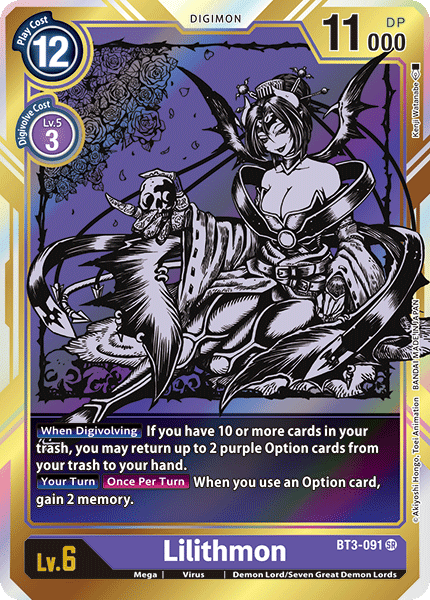 A Super Rare Digimon card featuring Lilithmon, a Demon Lord with long hair and bat-like wings, sitting on a black-and-gold throne adorned with skulls. The card displays various stats including a play cost of 12 and 11000 DP. It highlights two special abilities involving purple Option cards can be found as the Digimon Lilithmon [BT3-091] (Alternate Art) [Release Special Booster Ver.1.0].