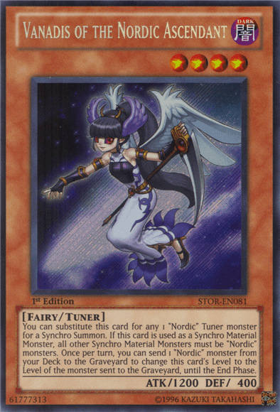 A Yu-Gi-Oh! trading card titled "Vanadis of the Nordic Ascendant [STOR-EN081] Secret Rare" from the Storm of Ragnarok series. It depicts a winged female character with white hair, blue accents, and a long ribbon. She holds a scepter and wears a white outfit. The [DARK] attribute Fairy/Tuner Monster has 1200 ATK and 400 DEF.