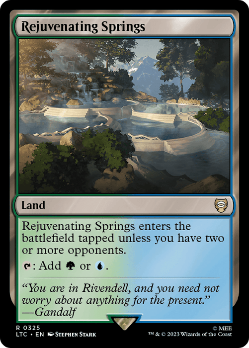 A Magic: The Gathering card titled Rejuvenating Springs [The Lord of the Rings: Tales of Middle-Earth Commander]. This rare land features serene, forested hot springs at dawn. It produces green or blue mana and enters tapped unless you control two or more opponents.