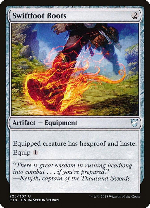 A Magic: The Gathering card named "Swiftfoot Boots [Commander 2018]," from Magic: The Gathering, features an illustration of a warrior running swiftly, leaving a trail of fire in his wake. This Artifact — Equipment costs 2 colorless mana and grants the equipped creature hexproof and haste. The artist is Svetlin Velinov.