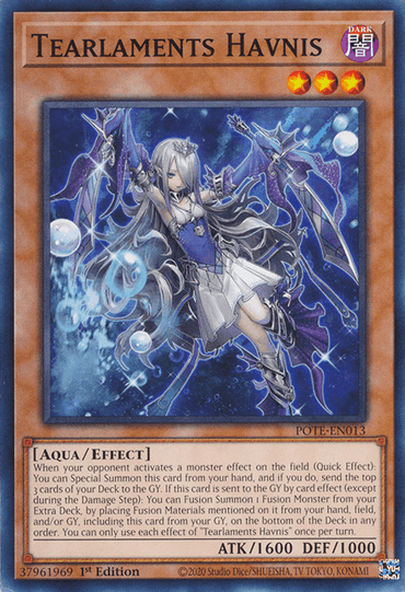 A Yu-Gi-Oh! trading card titled "Tearlaments Havnis [POTE-EN013] Common" showcases an illustrated female character wielding a sword amidst swirling blue energy. Adorned in elaborate armor and a flowing cape, this Effect Monster has special summoning and fusion summoning abilities, with stats (ATK/1600, DEF/1000).