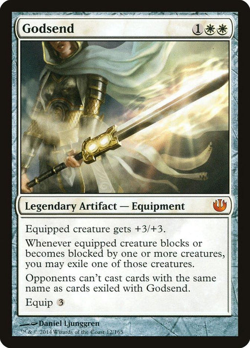 The image depicts the Magic: The Gathering card "Godsend [Journey into Nyx]," a legendary artifact equipment. Costing 1 white and 2 generic mana, it grants the equipped creature +3/+3. Its powerful abilities include exiling creatures and preventing opponents from casting cards of the same name. Art by Daniel Ljunggren.