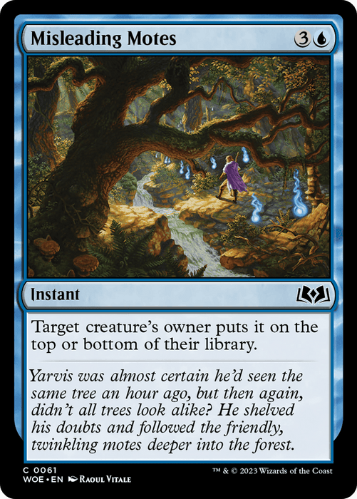 A "Magic: The Gathering" card named Misleading Motes [Wilds of Eldraine] from Magic: The Gathering, featuring a hooded figure in a purple cloak walking through an enchanted forest with floating motes of light. The card's text box reads: "Instant - Target creature's owner puts it on the top or bottom of their library.