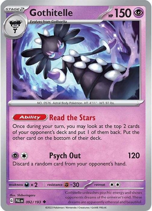 The Gothitelle (092/193) Pokémon card from the Scarlet & Violet: Paldea Evolved series showcases a humanoid figure with a black and white color scheme against a purple background, and has 150 HP. This uncommon card lists abilities such as "Read the Stars" and "Psych Out," which inflicts 120 damage. Various icons and text indicate its name and evolution stage.