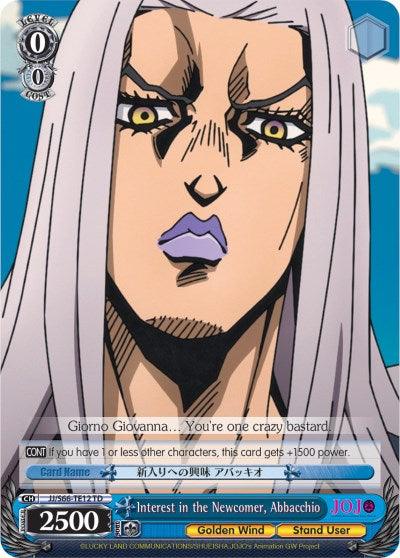 An animated character with long, straight white hair and purple lipstick, wearing a high-collared outfit, is featured on this Trial Deck trading card. The card has text that reads, "Giorno Giovanna...You're one crazy bastard..." and represents Interest in the Newcomer, Abbacchio (JJ/S66-TE12 TD) [JoJo's Bizarre Adventure: Golden Wind] from Bushiroad.