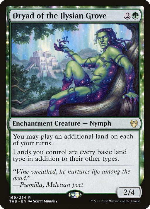 A Magic: The Gathering card titled "Dryad of the Ilysian Grove [Theros Beyond Death]" from Magic: The Gathering. It shows a rare enchantment creature called a Nymph with green skin and leaves for hair, sitting on a cliffside with temples in the background. The card's text details allow playing an additional land and treating lands as all basic types.