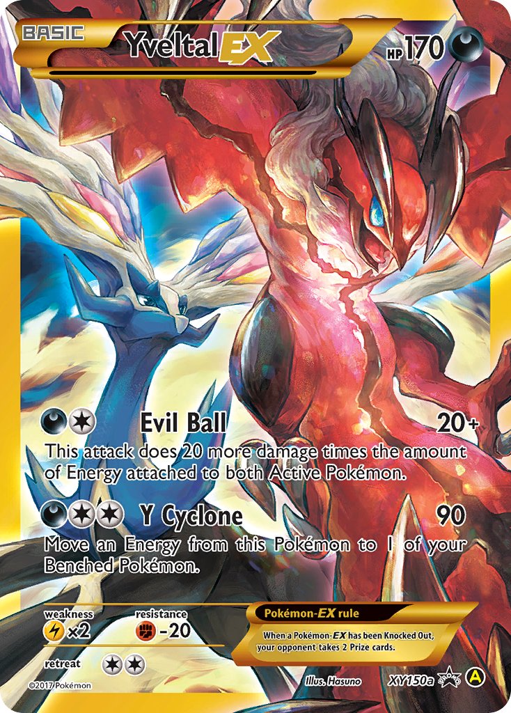 The image displays a Pokémon card featuring Yveltal EX from the XY150a Alternate Art Promos series. It has 170 HP and is a Darkness-type Promo card, depicting Yveltal as an impressive red and black avian creature with blue accents. Its abilities include Evil Ball and Y Cyclone, and its EX rule allows opponents to claim two prize cards if defeated.