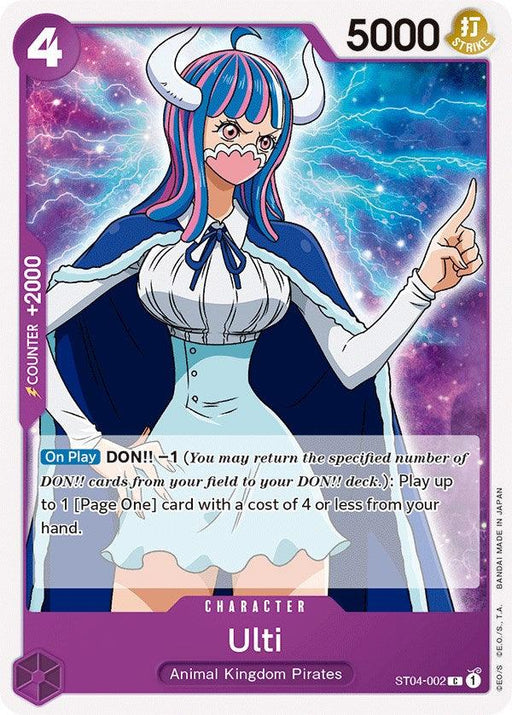A trading card from the Starter Deck: Animal Kingdom Pirates by Bandai depicts a character named Ulti from the Animal Kingdom Pirates. She has long blue and pink hair, horns, and wears a mask resembling a dinosaur. Clad in a white blouse, blue jacket, and purple cape, she stands amidst a lightning-filled background. The card details are below the image.