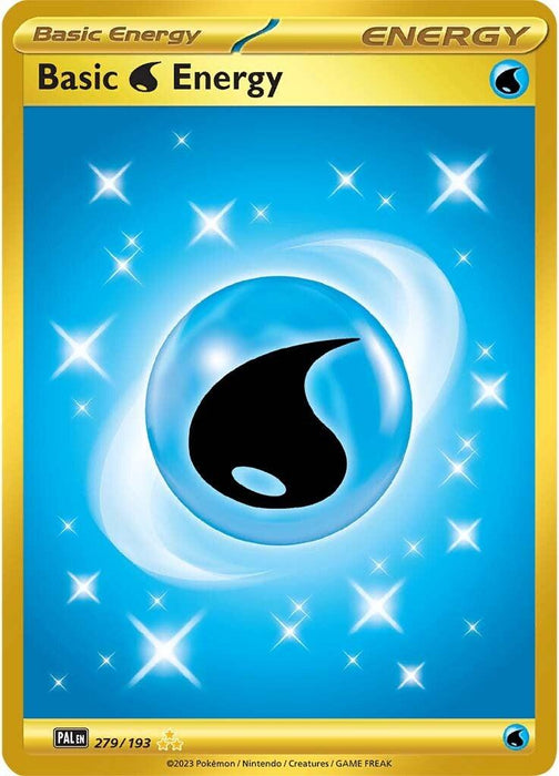 A Pokémon trading card featuring a Basic Water Energy (279/193) [Scarlet & Violet: Paldea Evolved]. The card displays a large black water drop symbol encased in a glowing blue sphere on a blue background with sparkling stars. The card border is gold. Part of the Scarlet & Violet: Paldea Evolved set, the text reads "Basic Energy." The card is numbered 279/193.