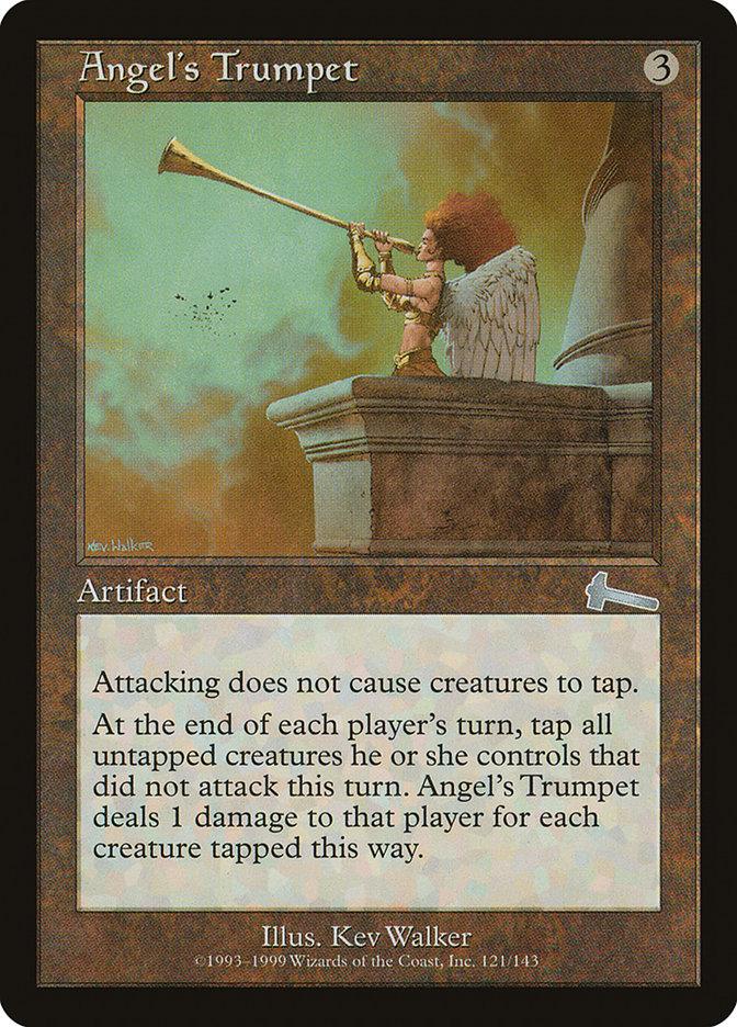 Magic: The Gathering card Angel's Trumpet [Urza's Legacy] features an angel with white wings playing a golden trumpet on a stone structure. The artifact card's text covers its rules. The border and text background are predominantly brown, with artist Kev Walker's name listed below.