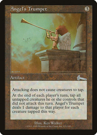 Magic: The Gathering card Angel's Trumpet [Urza's Legacy] features an angel with white wings playing a golden trumpet on a stone structure. The artifact card's text covers its rules. The border and text background are predominantly brown, with artist Kev Walker's name listed below.