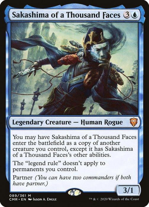 Magic: The Gathering card titled "Sakashima of a Thousand Faces [Commander Legends]" from Magic: The Gathering. This blue Legendary Creature features artwork of a dark-cloaked figure with a partially masked face. It copies another creature but retains its own abilities and partner properties. Stats: 3/1.