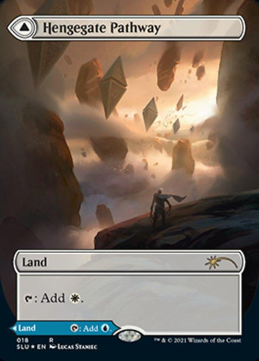A "Magic: The Gathering" card titled "Hengegate Pathway // Mistgate Pathway (Borderless) [Secret Lair: Ultimate Edition 2]" from Magic: The Gathering features art depicting floating, mystical stone structures amidst a cloudy sky with light beams. A lone figure stands on a rocky path, facing the structures. The land-type card highlights its ability to add white mana.
