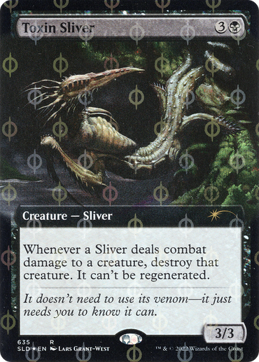 The limited edition "Toxin Sliver (Extended Art) (Step-and-Compleat Foil)" from the Secret Lair Drop Promos in Magic: The Gathering is a 3♠ card that depicts a serpentine creature with numerous limbs and piercing claws. Its special ability allows any Sliver to eliminate creatures they engage with in combat, ignoring regeneration, and it features a power/toughness of 3/3.